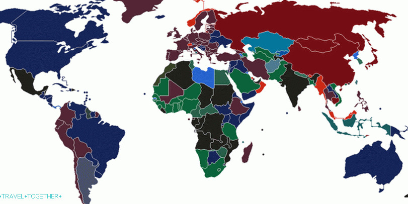 Mapa zemí s barevným označením pasů
