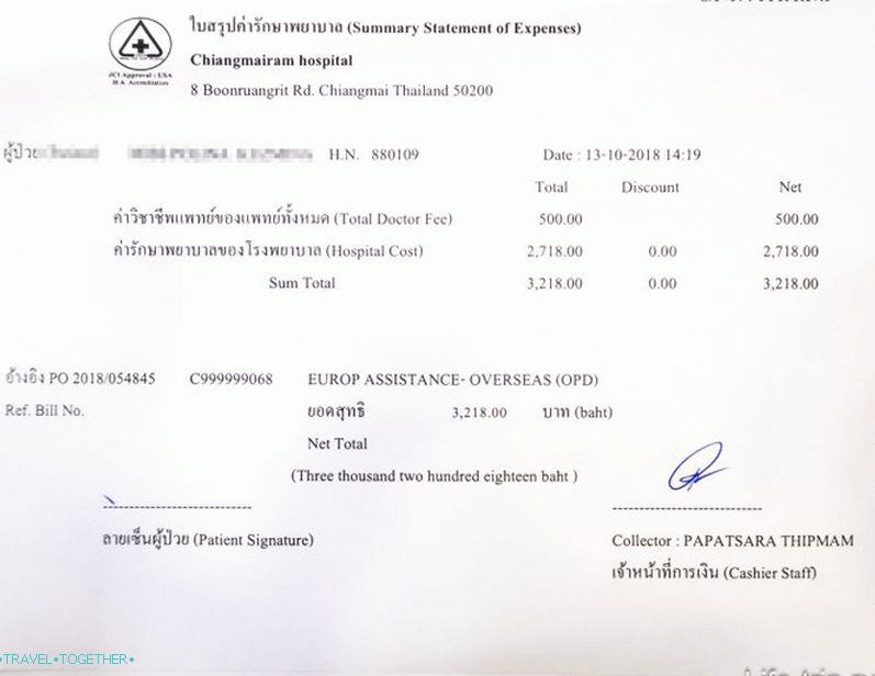 Účet za přijetí do nemocnice