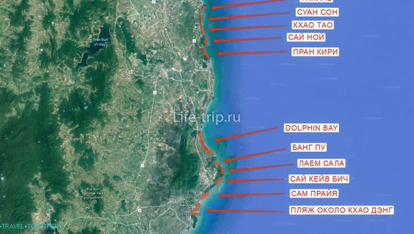 Mapa pláží Hua Hin (na jih)