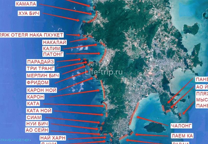 Mapa pláží Phuketu (na jih)